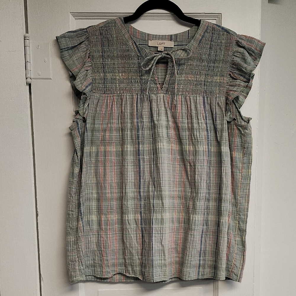 Loft Women's Top Size Large Plaid Smocked Ruffle Tie Neck Green Blue